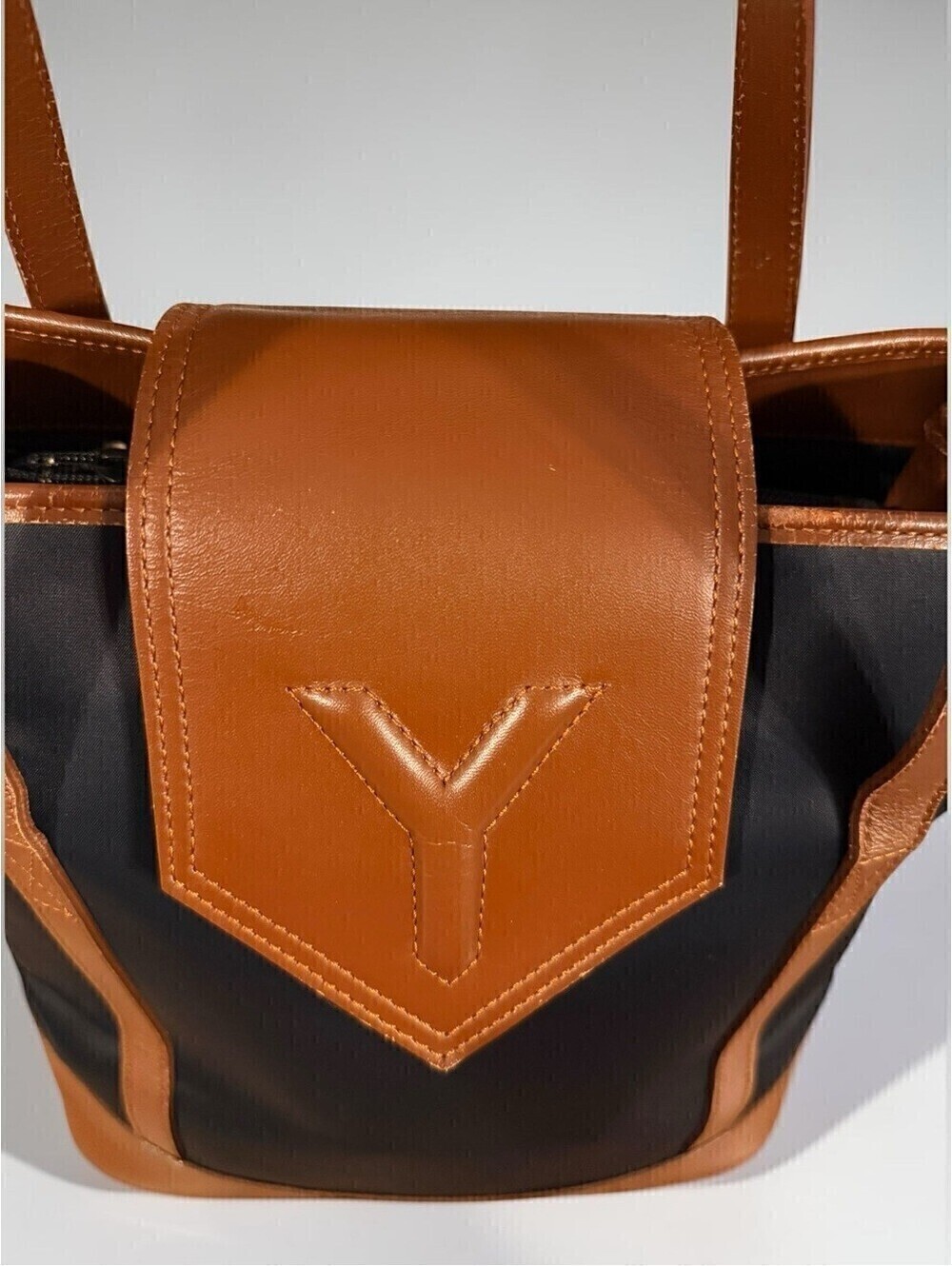 Yves Saint Laurent YSL Vintage Black Canvas Brown Leather Bucket Tote Bag COA - Picture 4 of 15
